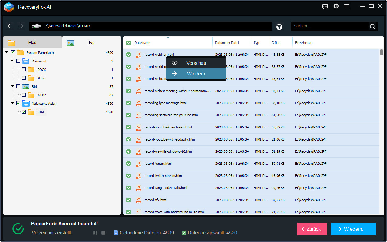 Vorschau und Wiederherstellung