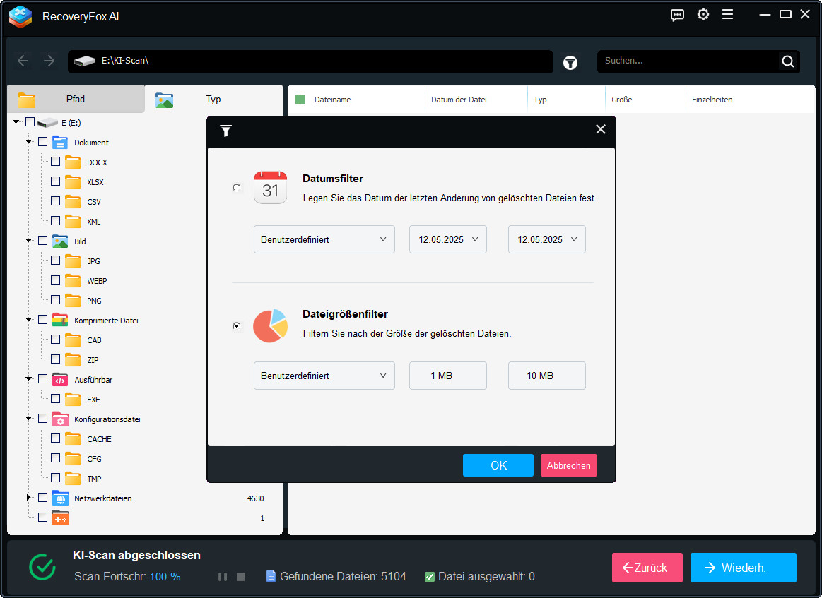 RecoveryFox AI Filteroptionen