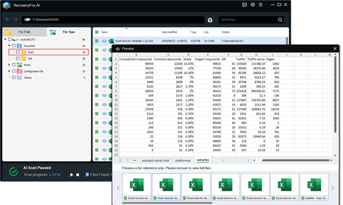 Wiederherstellbare Excel-Dateien in der Vorschau anzeigen