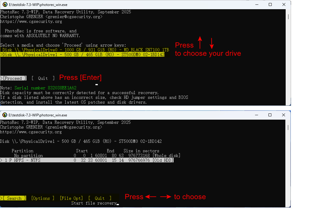 QPhotoRec: Wiederherstellungs-Einstellungen