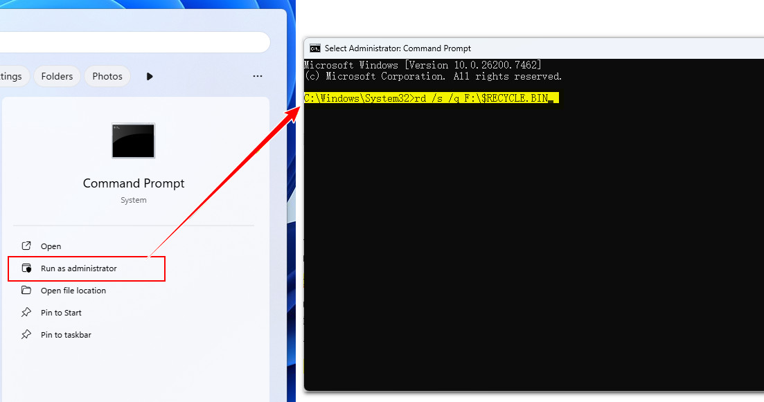 Papierkorb per Eingabeaufforderung zwangsweise leeren