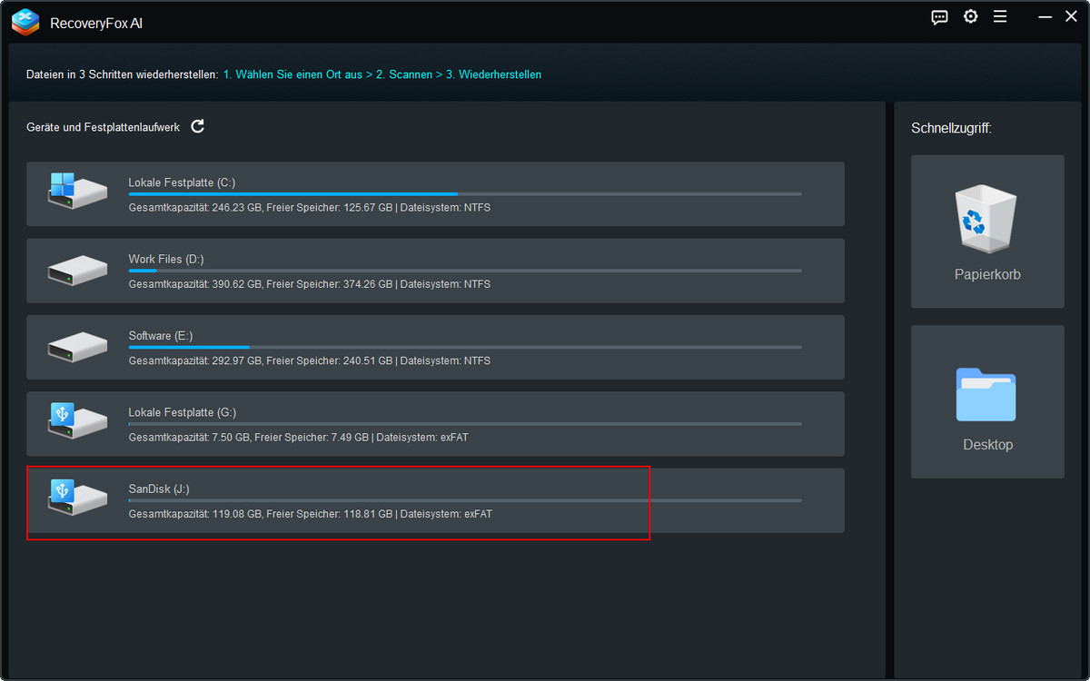 SD-Karte zum Scannen auswählen