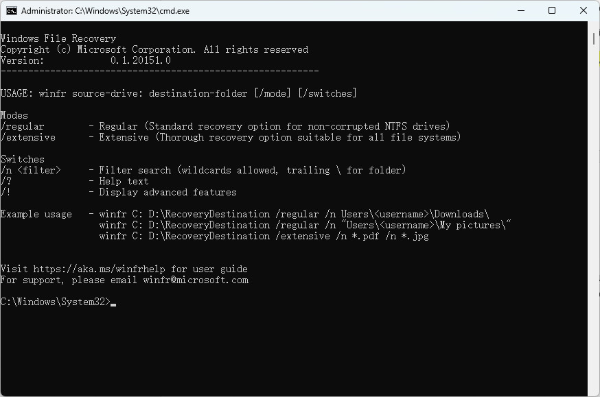 Befehlsfenster von Windows File Recovery
