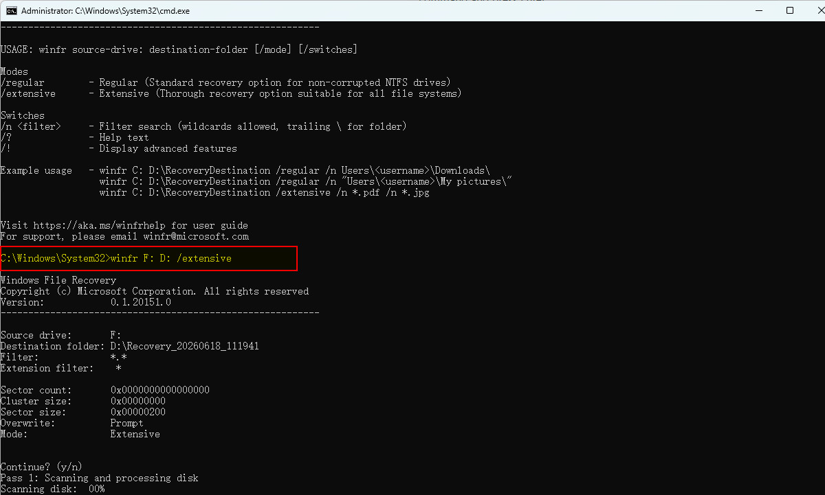 Windows File Recovery beginnt mit der Wiederherstellung von Dateien vom USB-Stick