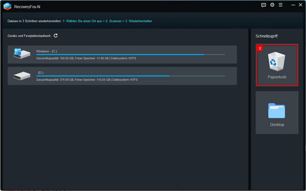 Papierkorb zum Scannen auswählen