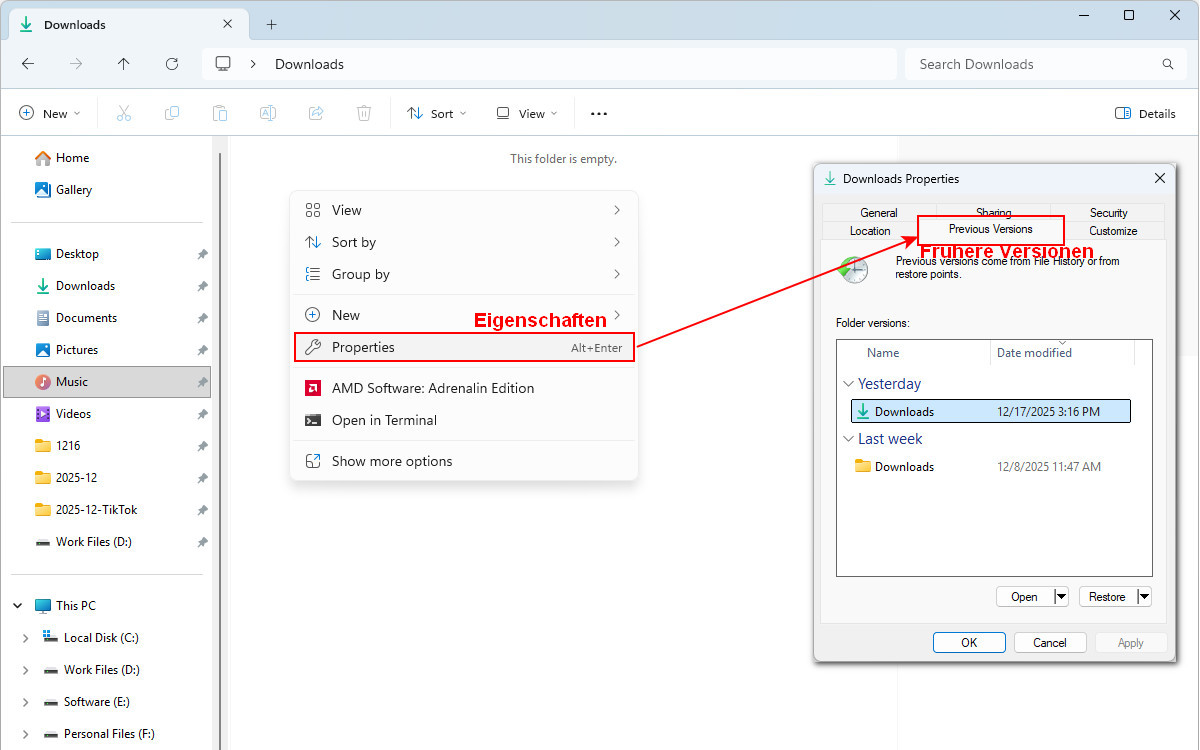 Frühere Versionen öffnen