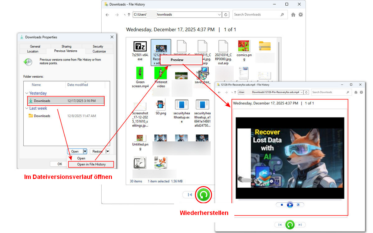 Ausgewählte frühere Versionen öffnen