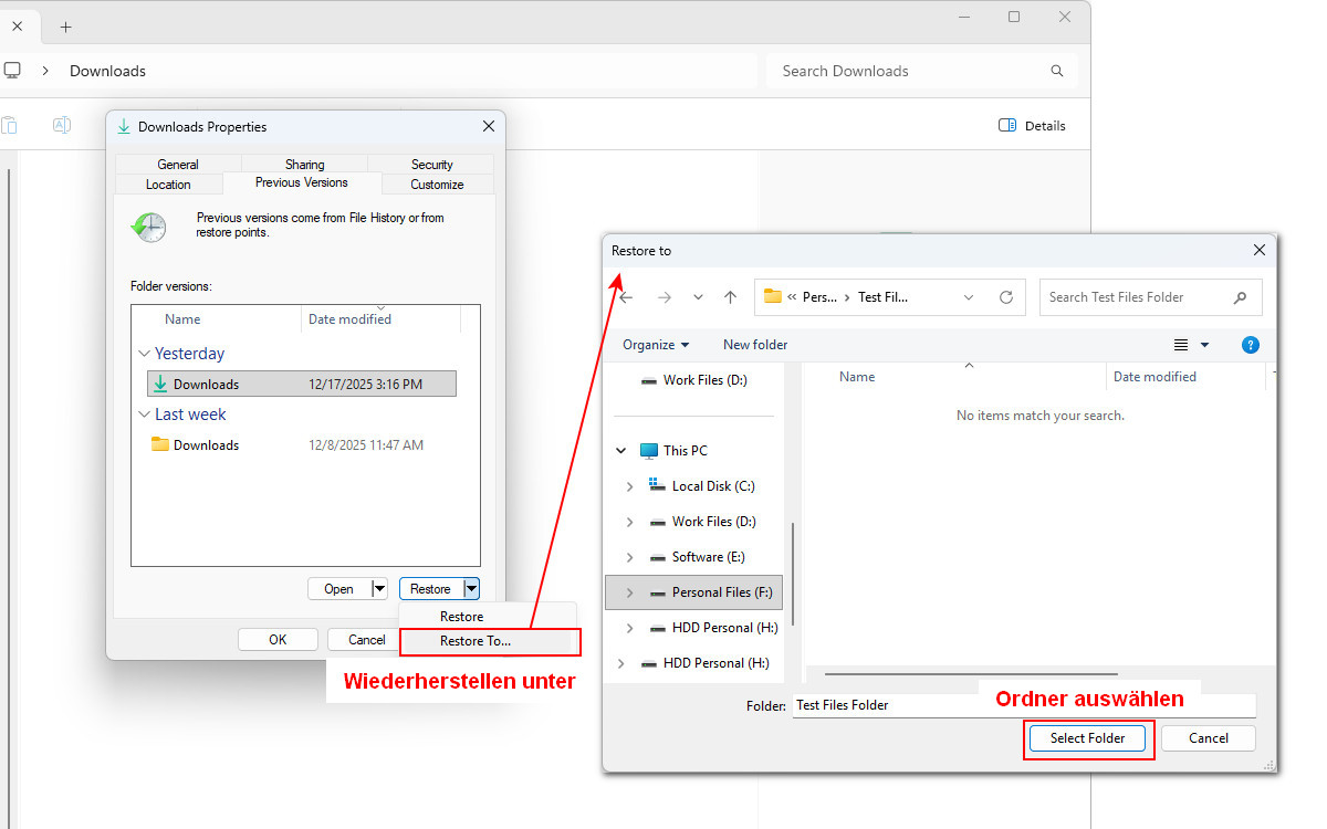 Leeren Papierkorb aus früheren Versionen wiederherstellen